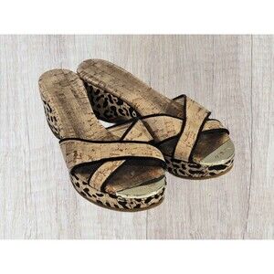 DMS Women's 36 Jimmy Choo Cork‎ Wedge Leopard Peep Toe High Heels Pumps Slides